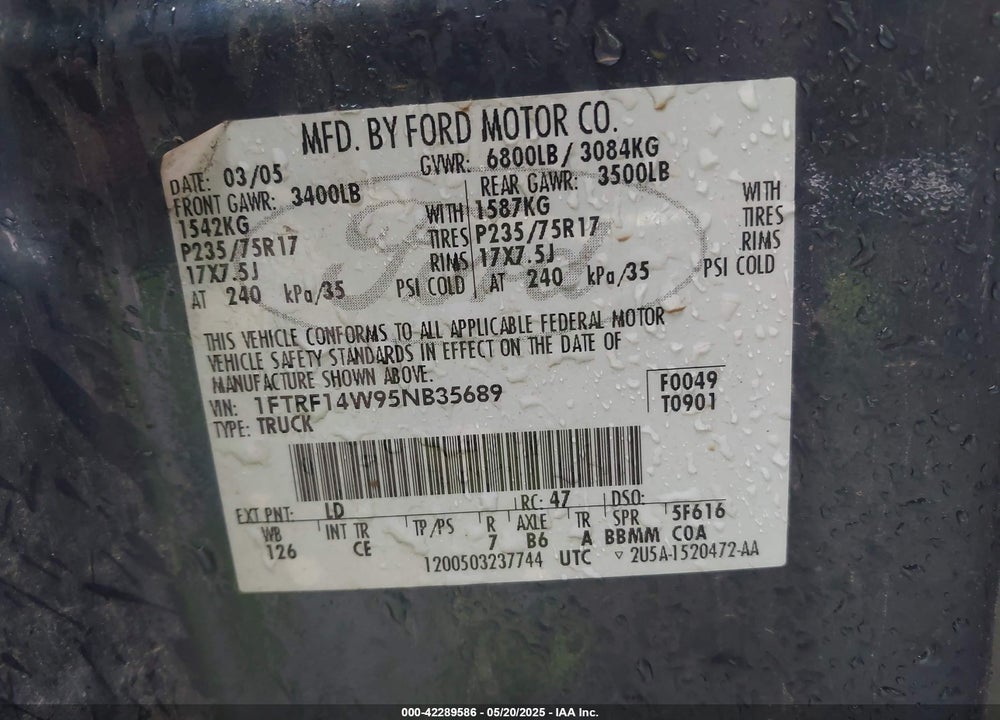 2005 FORD F-150 STX/XL/XLT VIN: 1FTRF14W95NB35689