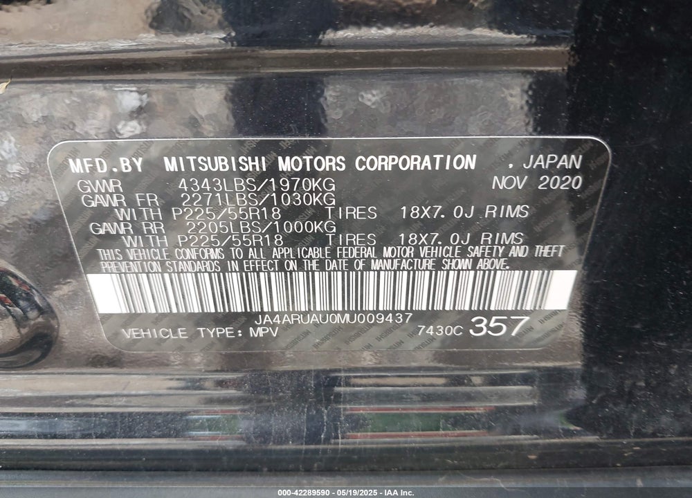 2021 MITSUBISHI OUTLANDER SPORT 2.0 BE AWC/2.0 ES AWC/2.0 LE AWC/2.0 SE AWC VIN: JA4ARUAU0MU009437