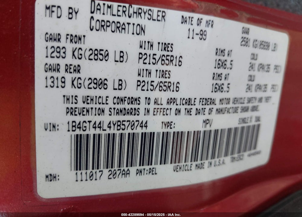 2000 DODGE GRAND CARAVAN SPORT VIN: 1B4GT44L4YB570744