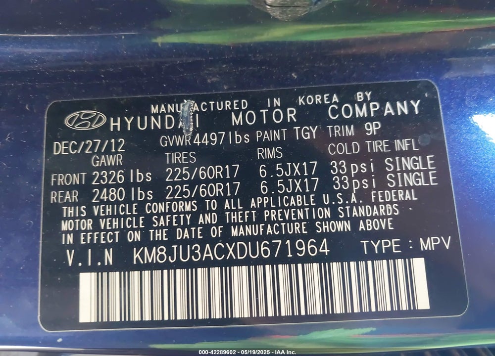 2013 HYUNDAI TUCSON GLS VIN: KM8JU3ACXDU671964