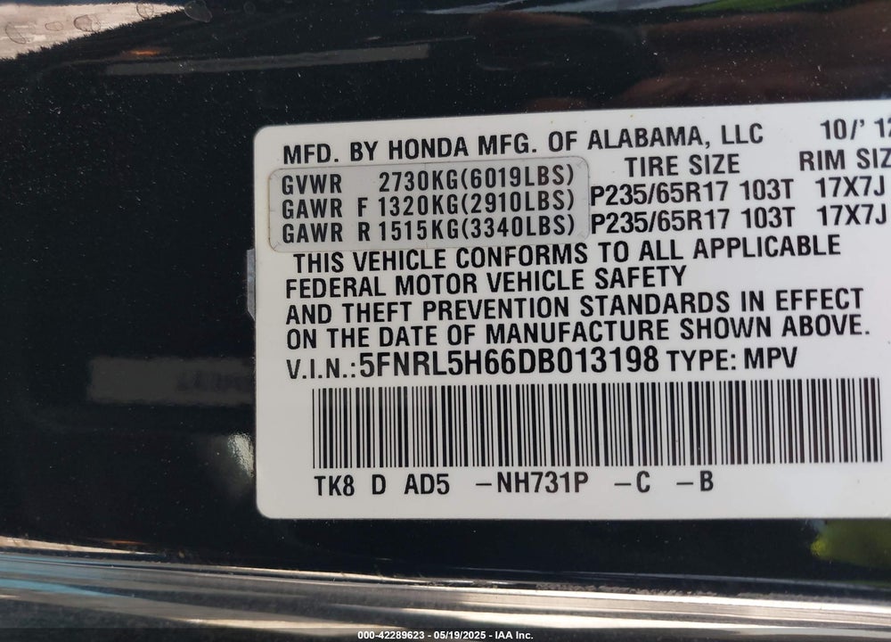 2013 HONDA ODYSSEY VIN: 5FNRL5H66DB013198