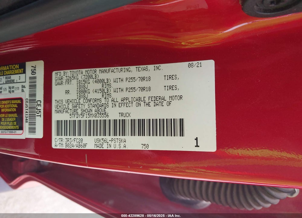 2021 TOYOTA TUNDRA VIN: 5TFDY5F15MX035556
