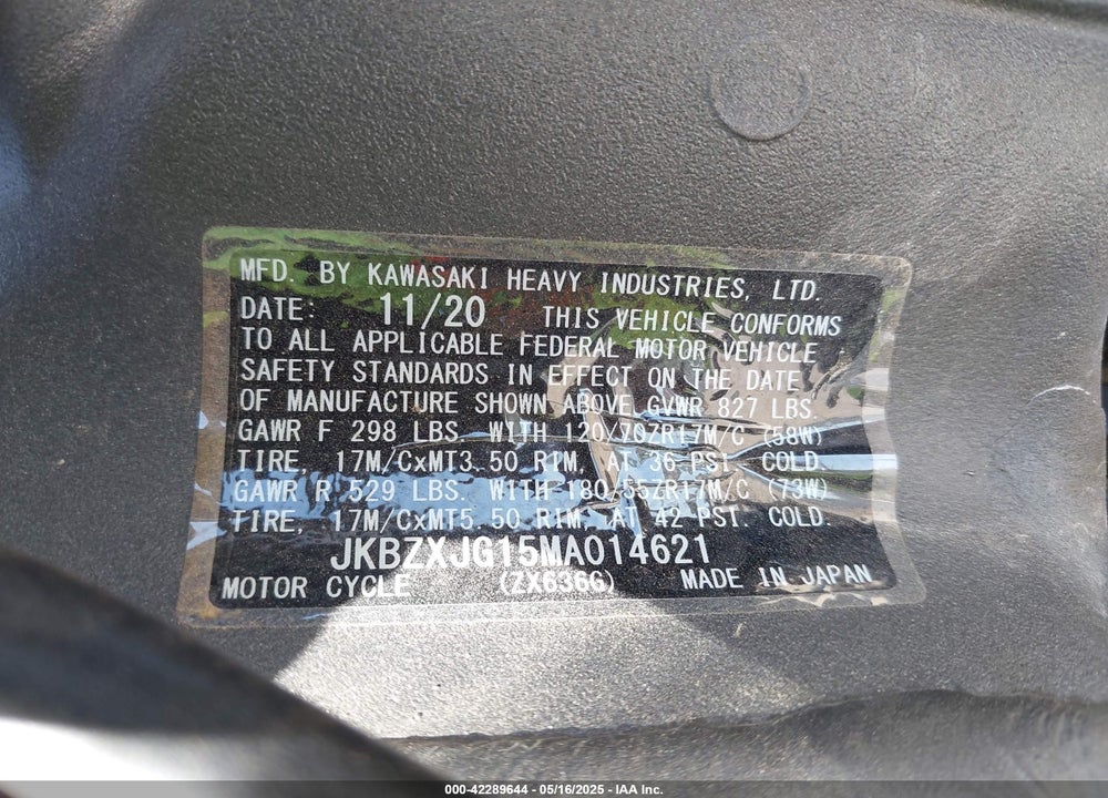 2021 KAWASAKI ZX636 K VIN: JKBZXJG15MA014621