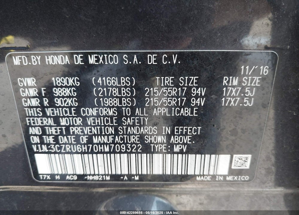 2017 HONDA HR-V VIN: 3CZRU6H70HM709322