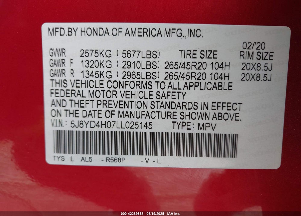 2020 ACURA MDX VIN: 5J8YD4H07LL025145