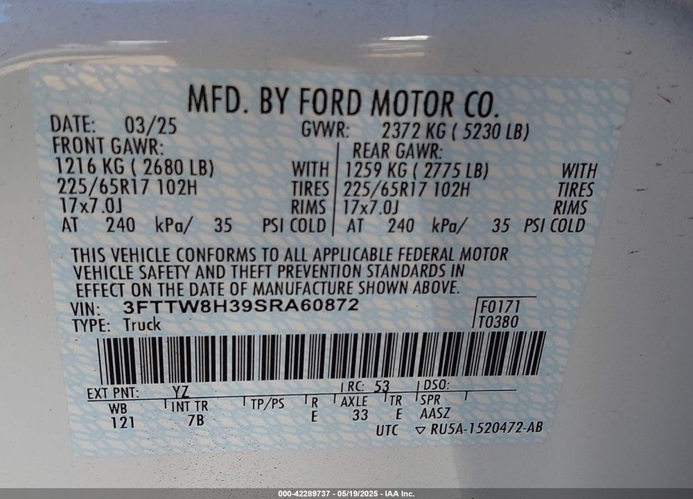 2025 FORD MAVERICK VIN: 3FTTW8H39SRA60872