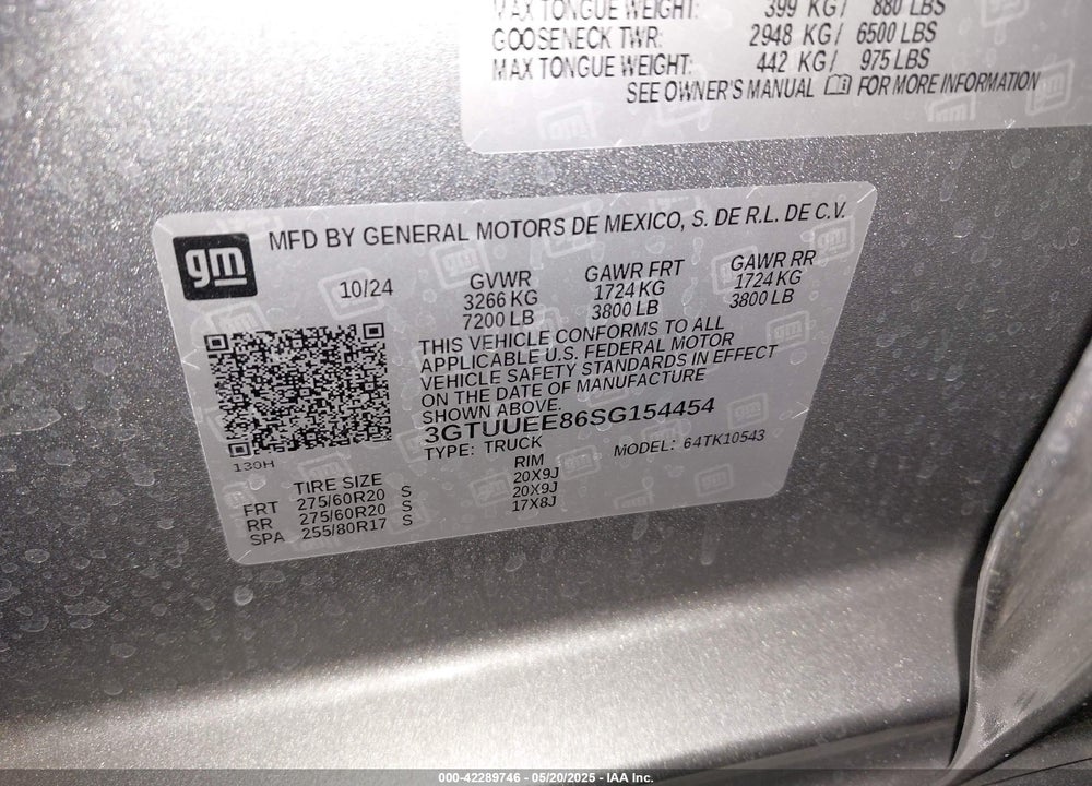 2025 GMC SIERRA 1500 4WD SHORT BOX AT4 VIN: 3GTUUEE86SG154454