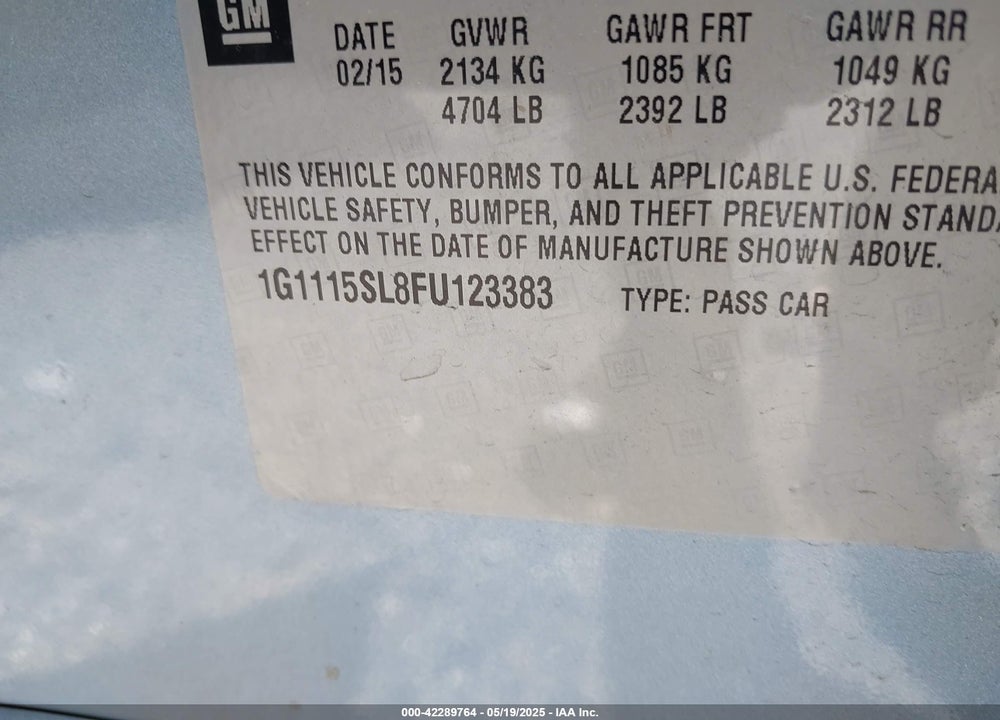 2015 CHEVROLET IMPALA VIN: 1G1115SL8FU123383