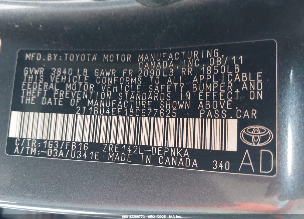 2011 TOYOTA COROLLA LE VIN: 2T1BU4EE1BC677625