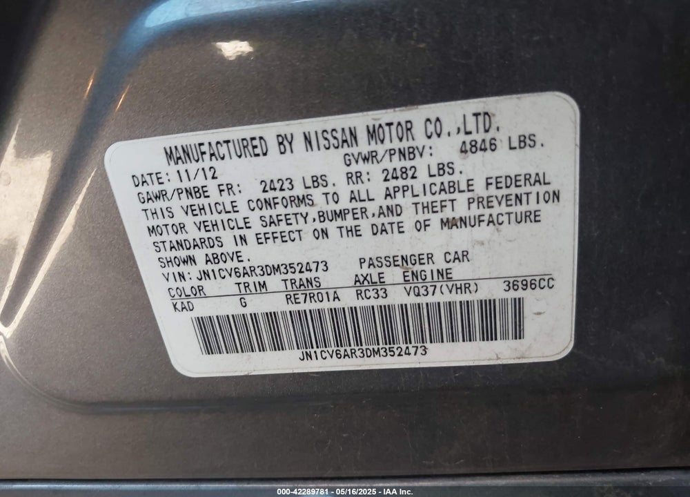 2013 INFINITI G37X VIN: JN1CV6AR3DM352473