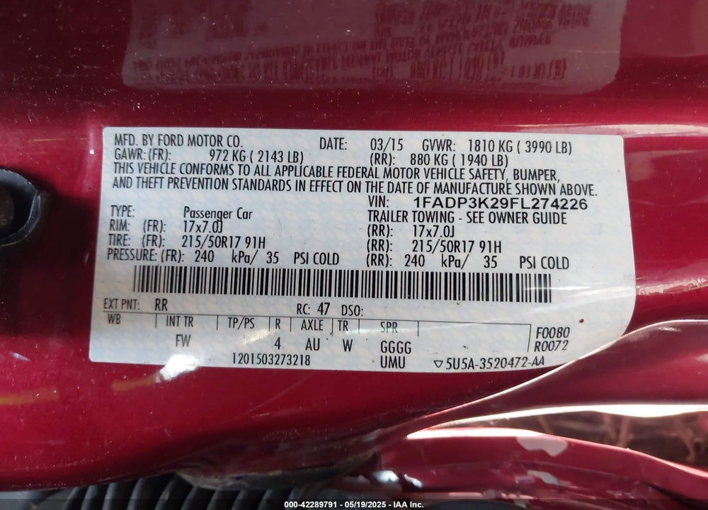 2015 FORD FOCUS VIN: 1FADP3K29FL274226