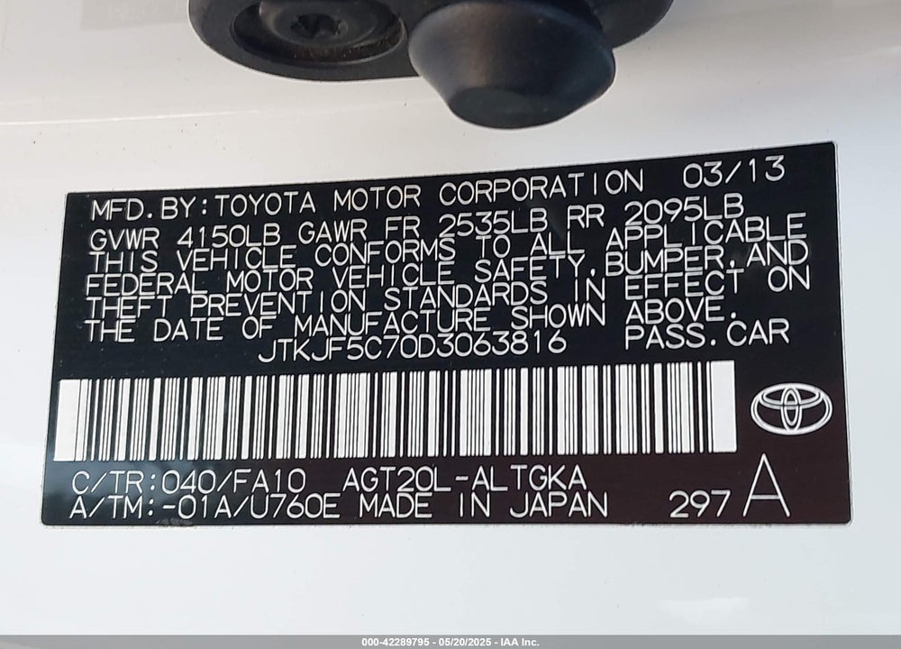 2013 SCION TC VIN: JTKJF5C70D3063816