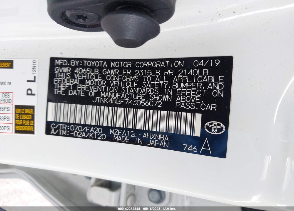 2019 TOYOTA COROLLA VIN: JTNK4RBE7K3056072