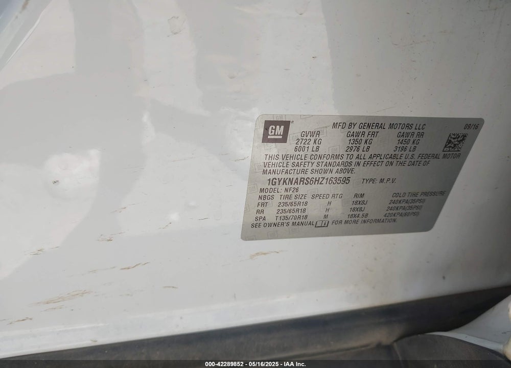 2017 CADILLAC XT5 STANDARD VIN: 1GYKNARS6HZ163595