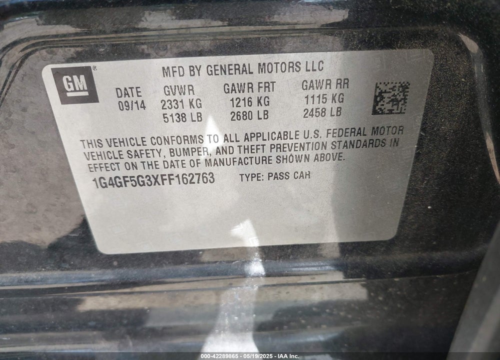 2015 BUICK LACROSSE VIN: 1G4GF5G3XFF162763