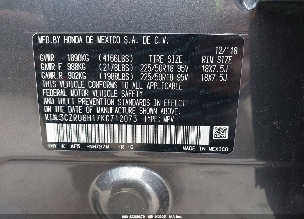 2019 HONDA HR-V VIN: 3CZRU6H17KG712073