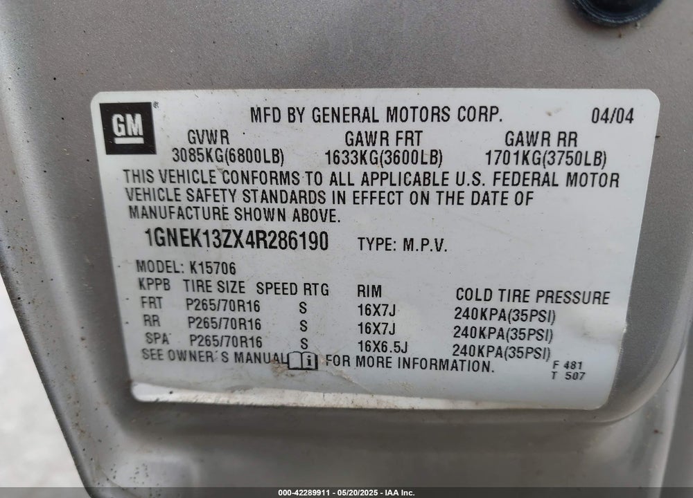 2004 CHEVROLET TAHOE LS VIN: 1GNEK13ZX4R286190