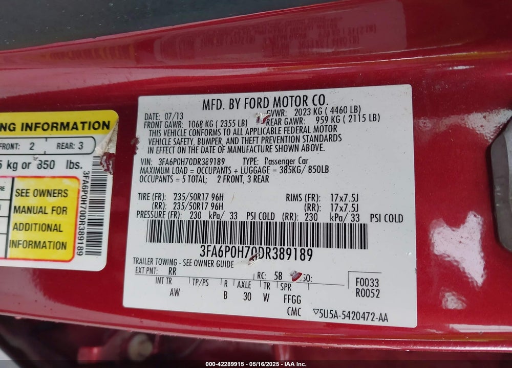 2013 FORD FUSION SE VIN: 3FA6P0H70DR389189