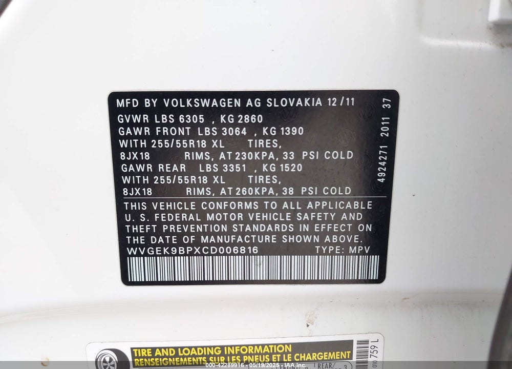 2012 VOLKSWAGEN TOUAREG TDI SPORT VIN: WVGEK9BPXCD006816