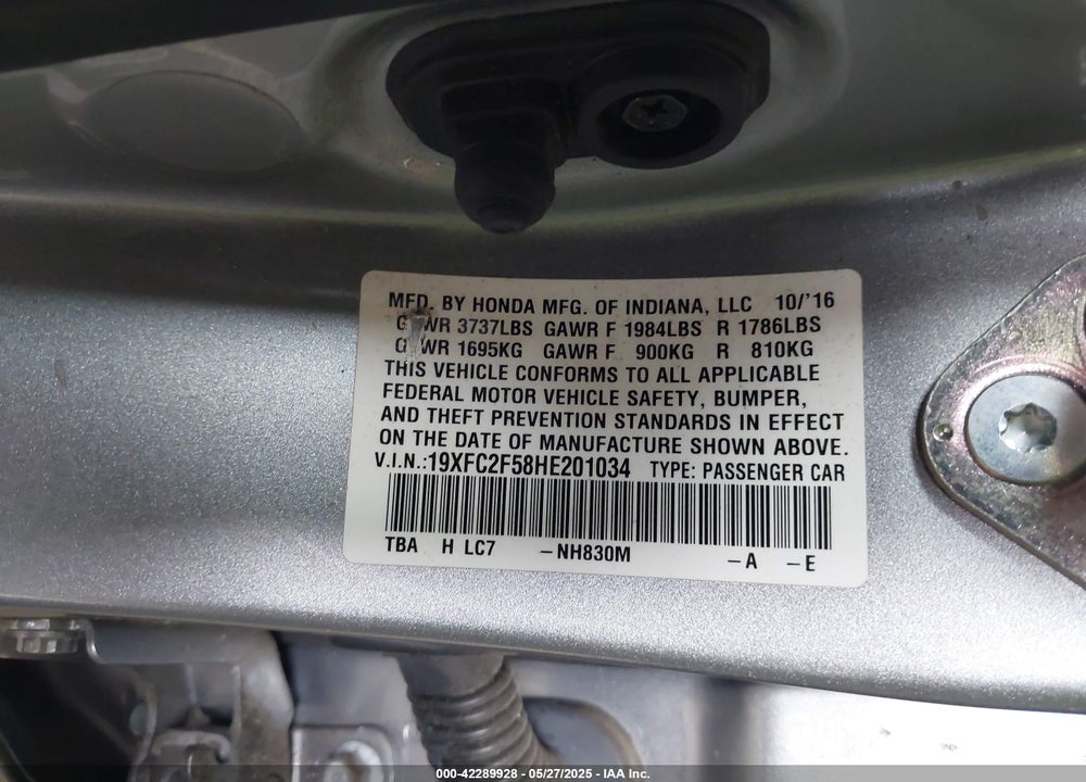 2017 HONDA CIVIC LX VIN: 19XFC2F58HE201034