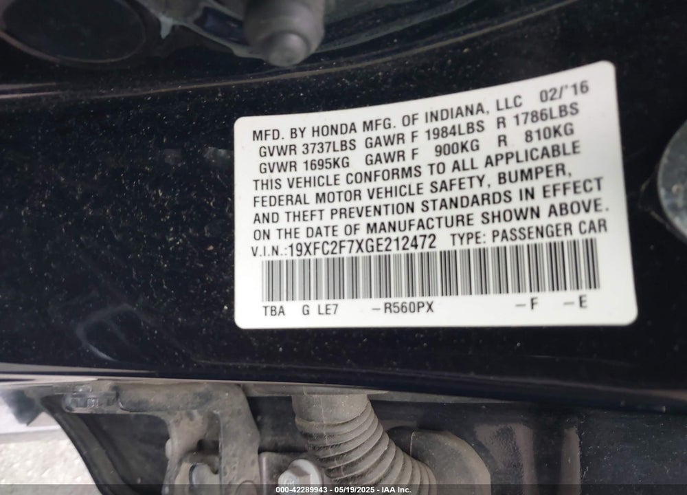 2016 HONDA CIVIC EX VIN: 19XFC2F7XGE212472
