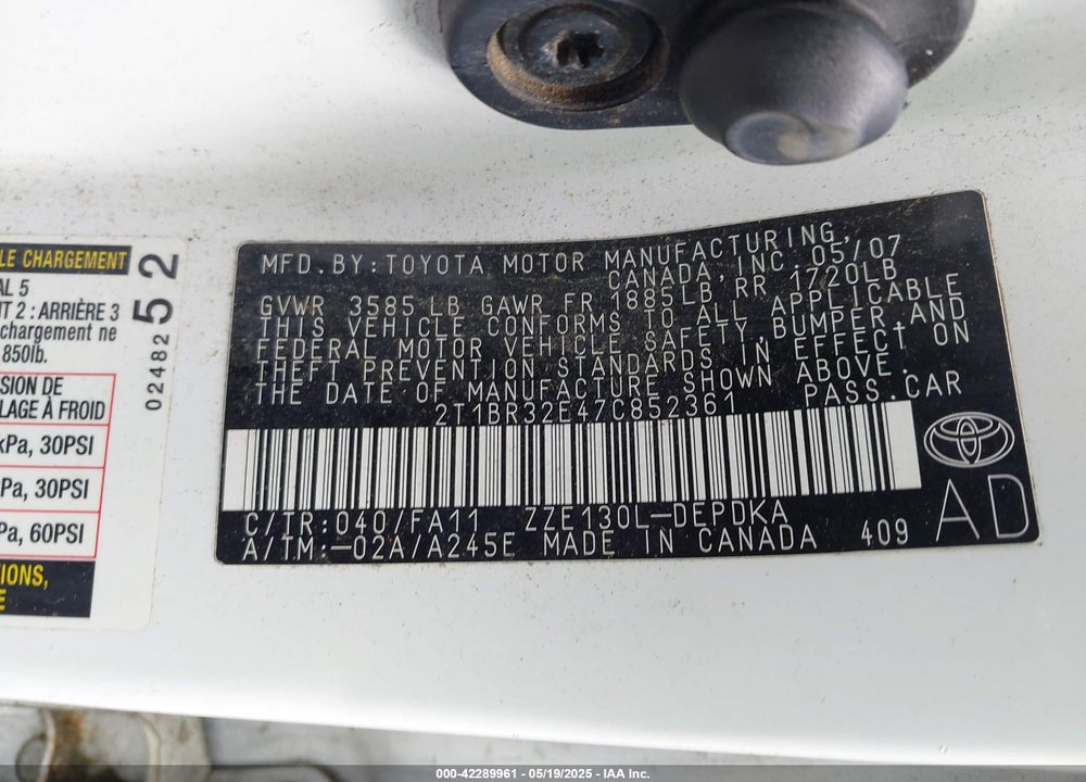 2007 TOYOTA COROLLA CE VIN: 2T1BR32E47C852361