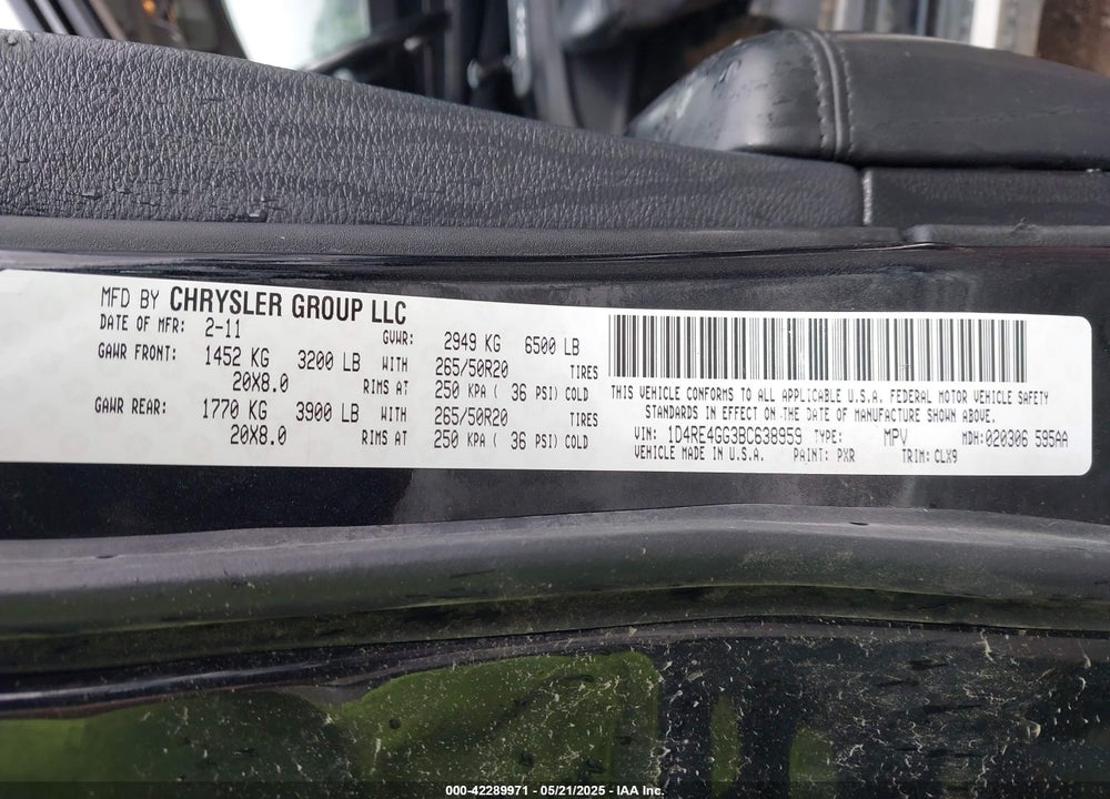 2011 DODGE DURANGO VIN: 1D4RE4GG3BC638959