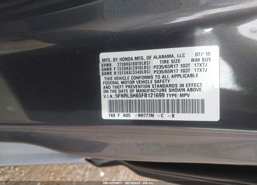 2015 HONDA ODYSSEY EX-L VIN: 5FNRL5H65FB121699