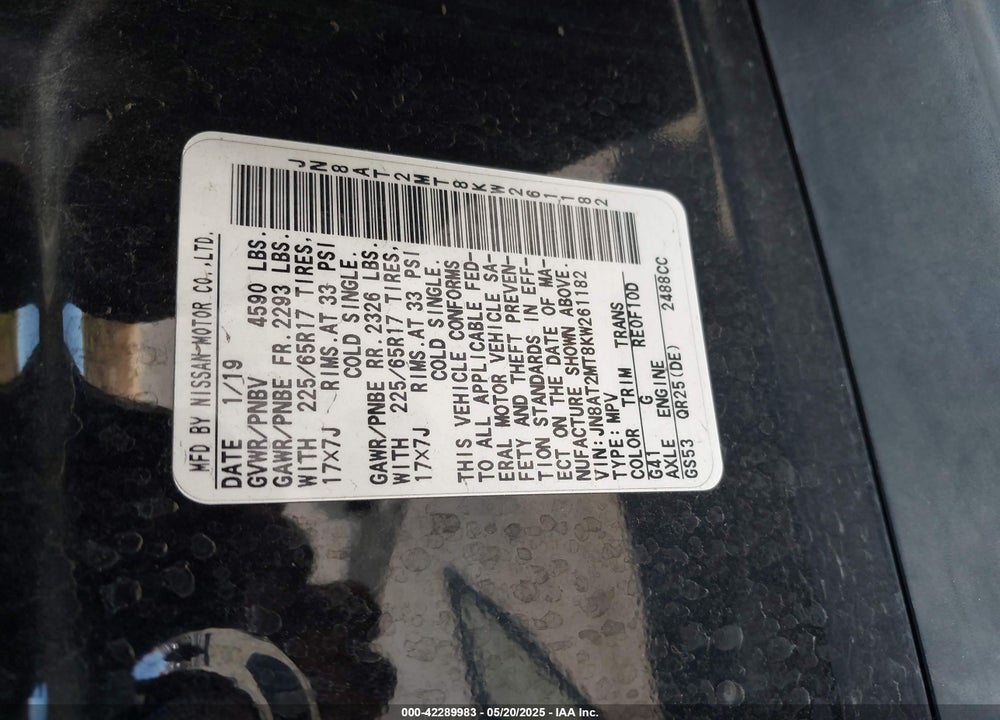2019 NISSAN ROGUE SV VIN: JN8AT2MT8KW261182