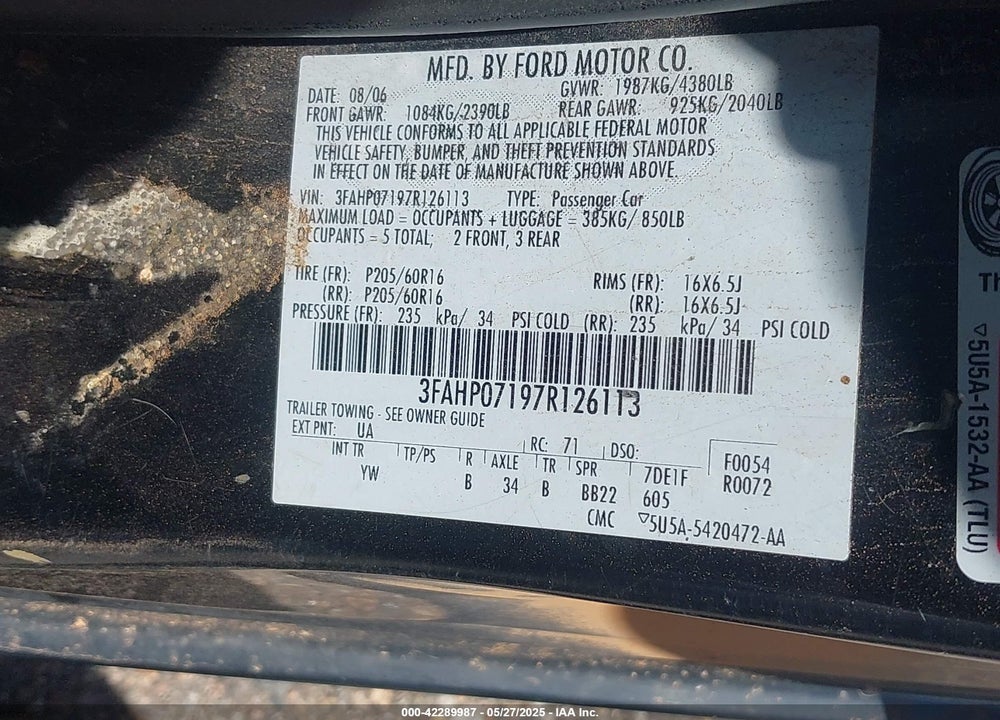 2007 FORD FUSION VIN: 3FAHP07197R126113