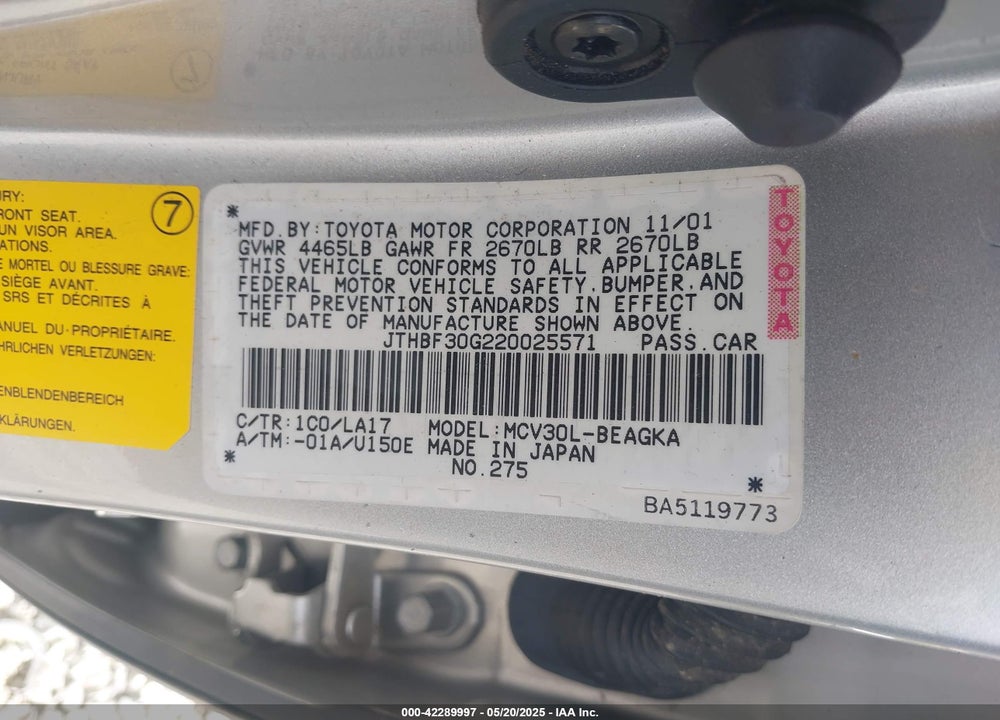 2002 LEXUS ES 300 VIN: JTHBF30G220025571
