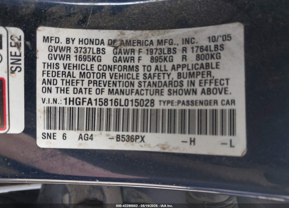 2006 HONDA CIVIC EX VIN: 1HGFA15816L015028