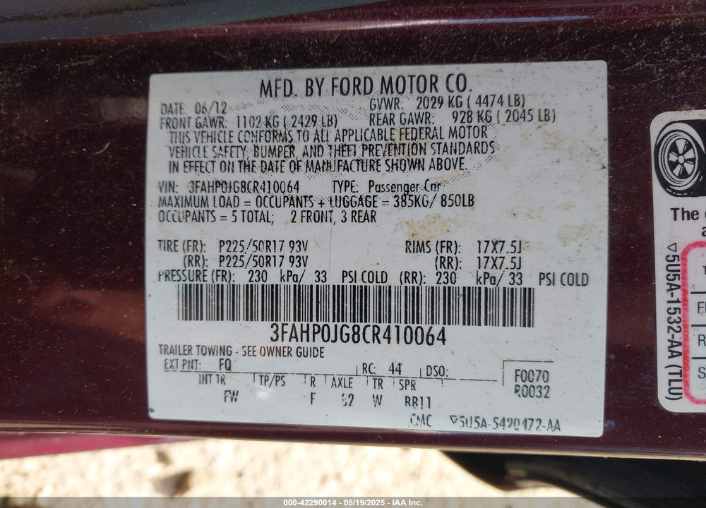 2012 FORD FUSION VIN: 3FAHP0JG8CR410064