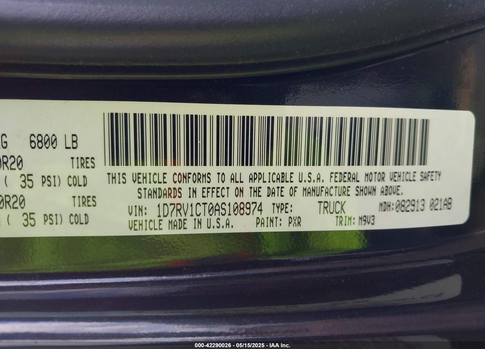 2010 DODGE RAM 1500 VIN: 1D7RV1CT0AS108974
