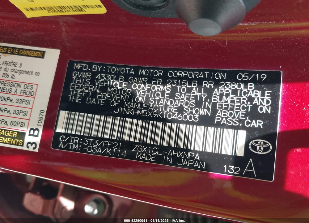 2019 TOYOTA C-HR XLE VIN: JTNKHMBX9K1046003