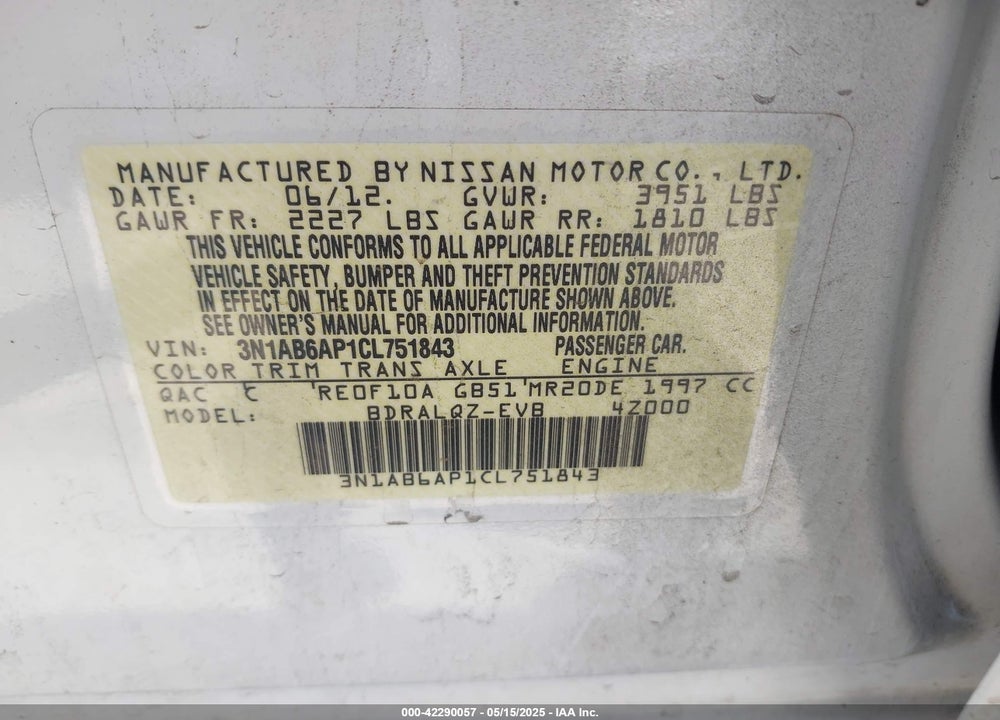 2012 NISSAN SENTRA VIN: 3N1AB6AP1CL751843