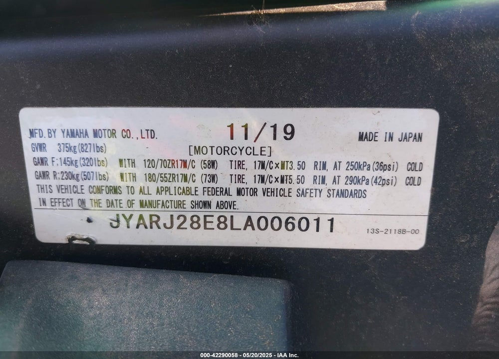 2020 YAMAHA YZFR6 VIN: JYARJ28E8LA006011