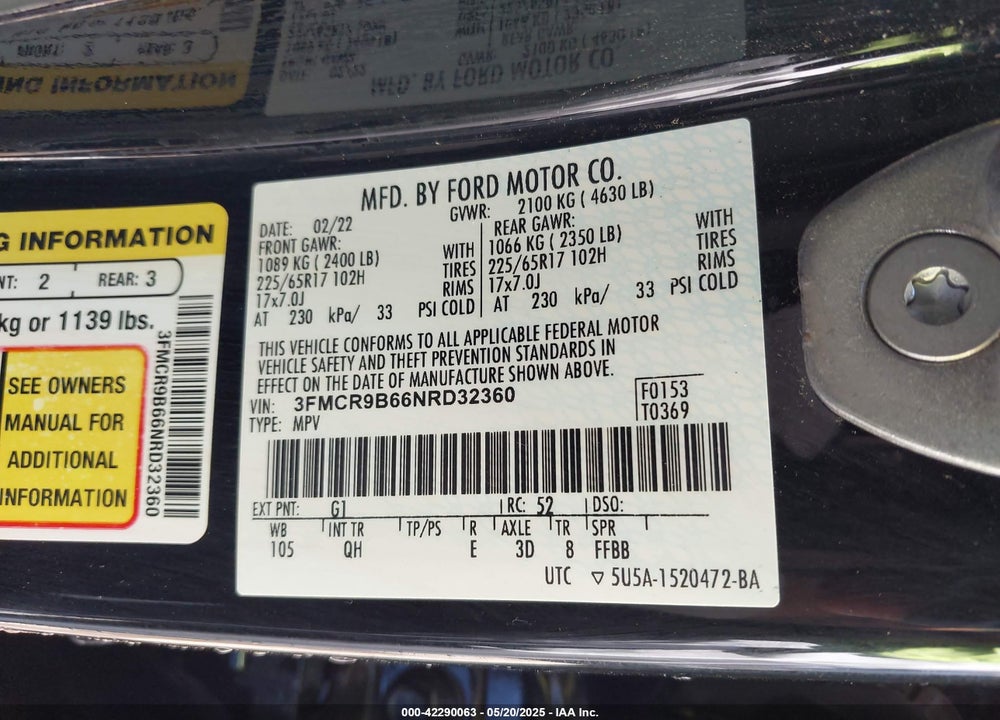 2022 FORD BRONCO SPORT VIN: 3FMCR9B66NRD32360