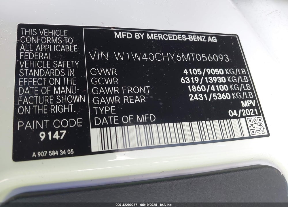 2021 MERCEDES-BENZ SPRINTER 2500 HIGH ROOF I4 VIN: W1W40CHY6MT056093