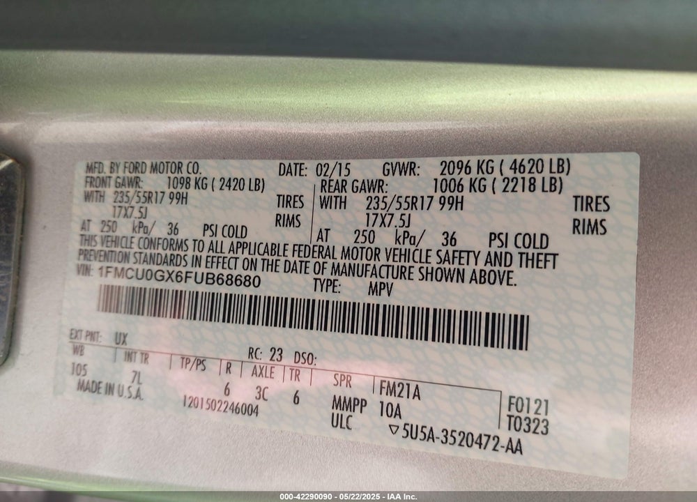 2015 FORD ESCAPE VIN: 1FMCU0GX6FUB68680