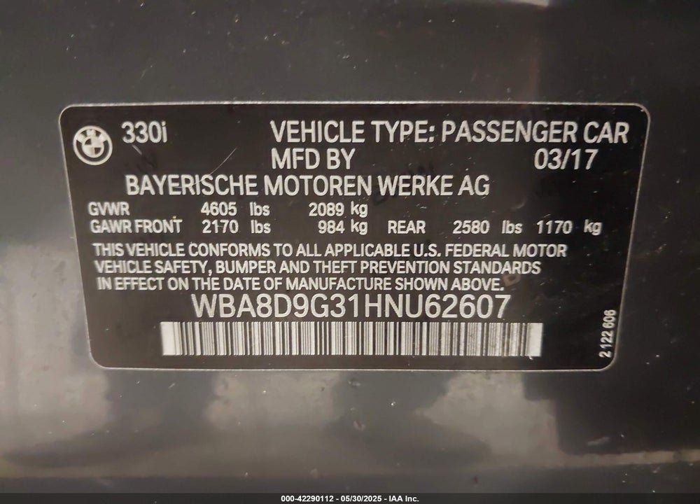 2017 BMW 330I XDRIVE VIN: WBA8D9G31HNU62607