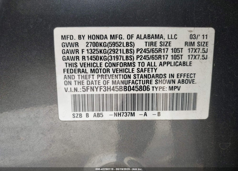2011 HONDA PILOT EX VIN: 5FNYF3H45BB045806