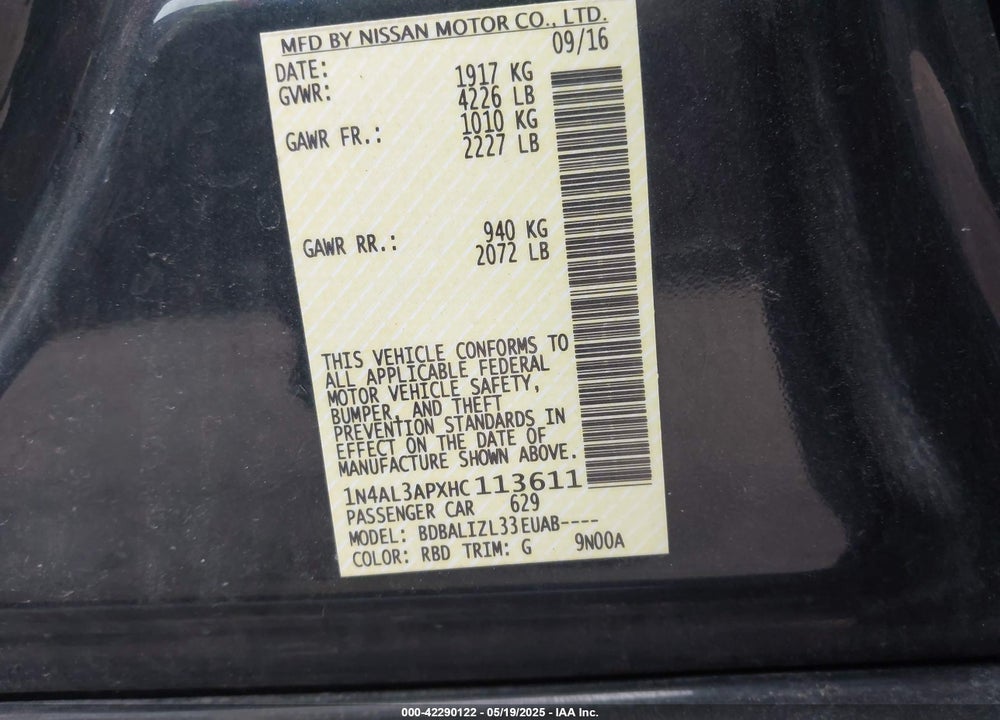 2017 NISSAN ALTIMA VIN: 1N4AL3APXHC113611