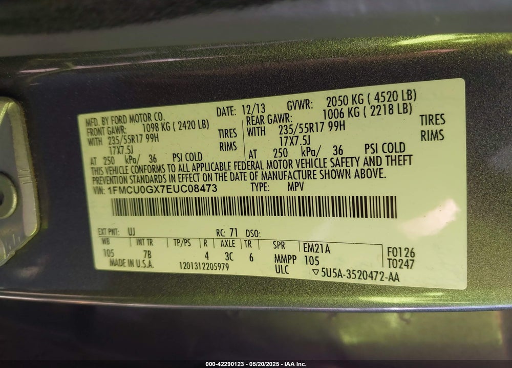 2014 FORD ESCAPE SE VIN: 1FMCU0GX7EUC08473