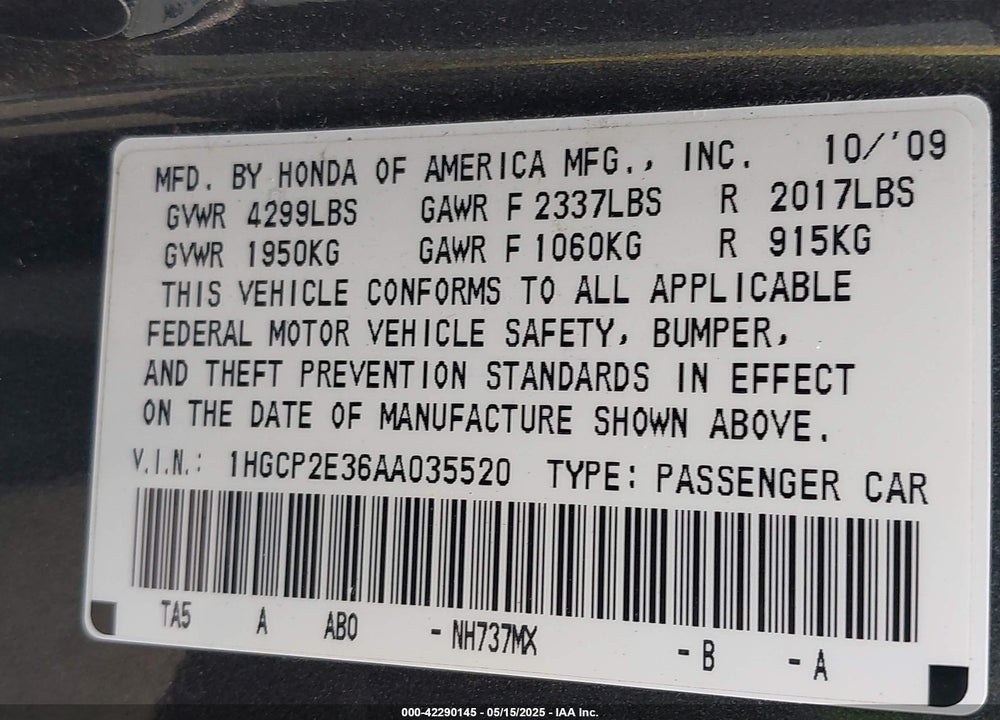 2010 HONDA ACCORD VIN: 1HGCP2E36AA035520