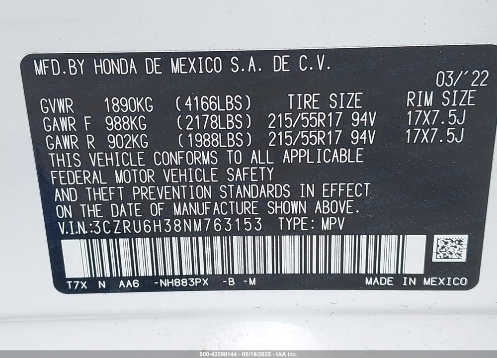 2022 HONDA HR-V AWD LX VIN: 3CZRU6H38NM763153