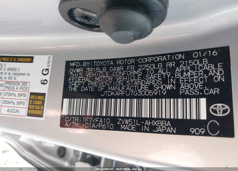 2016 TOYOTA PRIUS TWO ECO VIN: JTDKARFU7G3005919