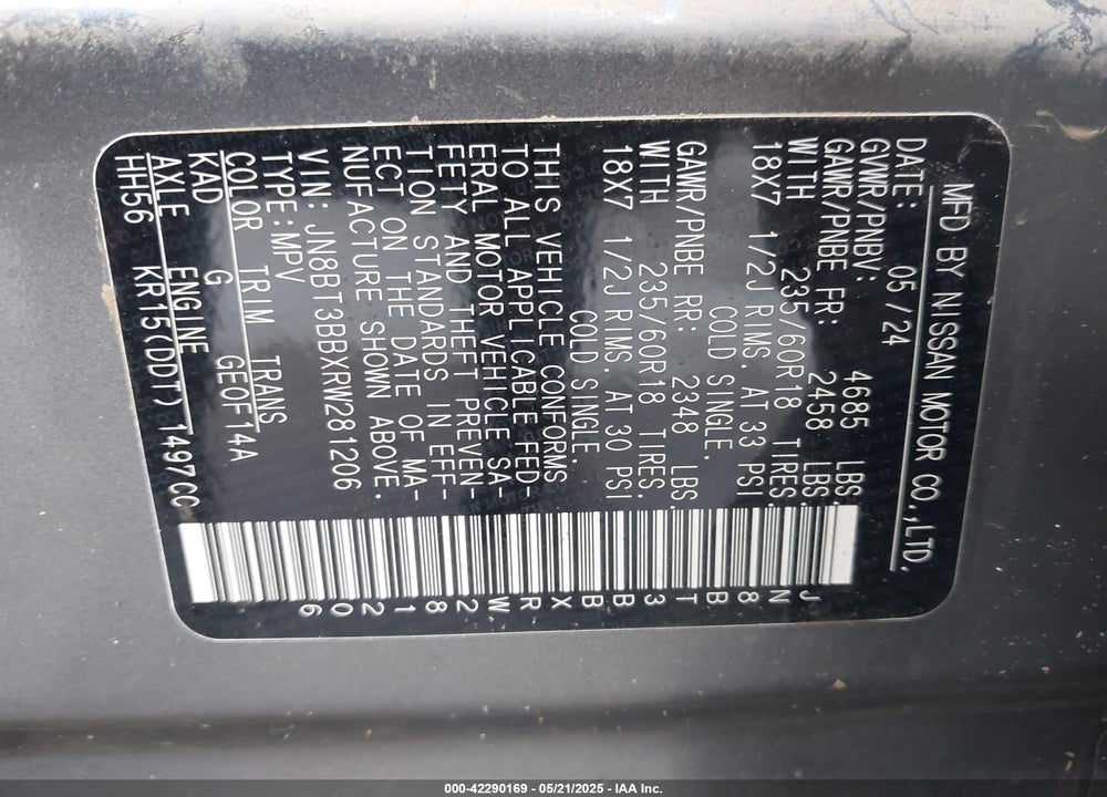 2024 NISSAN ROGUE VIN: JN8BT3BBXRW281206