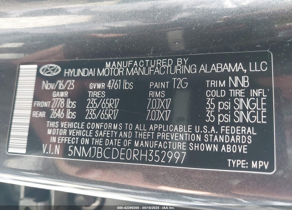 2024 HYUNDAI TUCSON VIN: 5NMJBCDE0RH352997