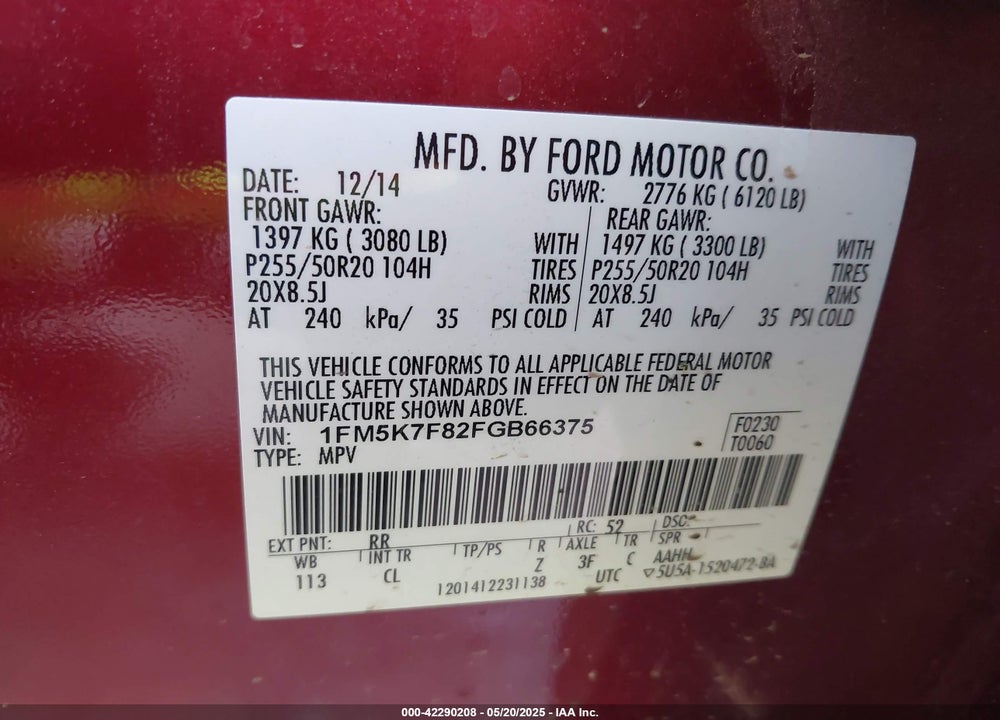 2015 FORD EXPLORER VIN: 1FM5K7F82FGB66375